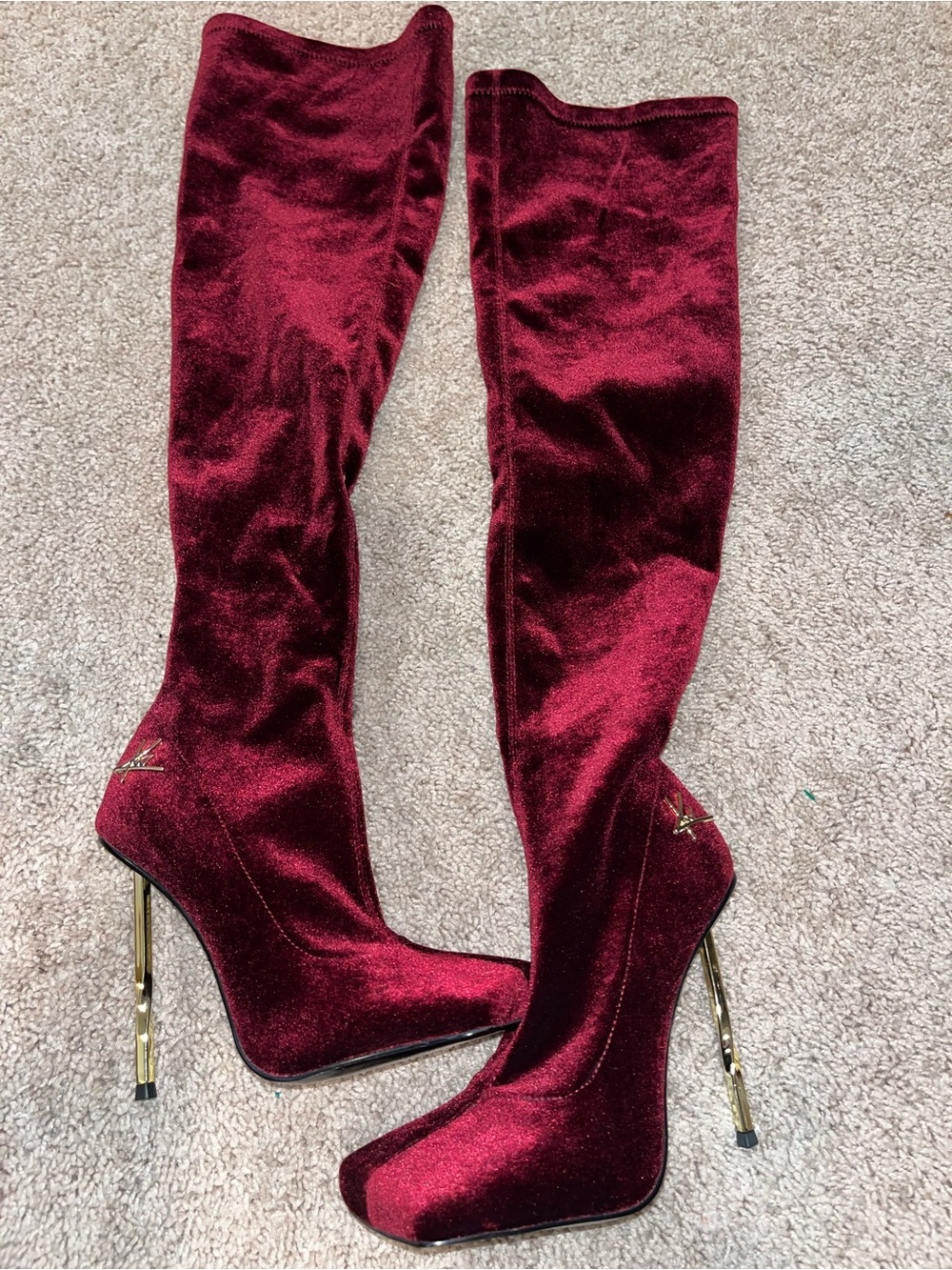 KEN WHITE Velvet block toe thigh high boots